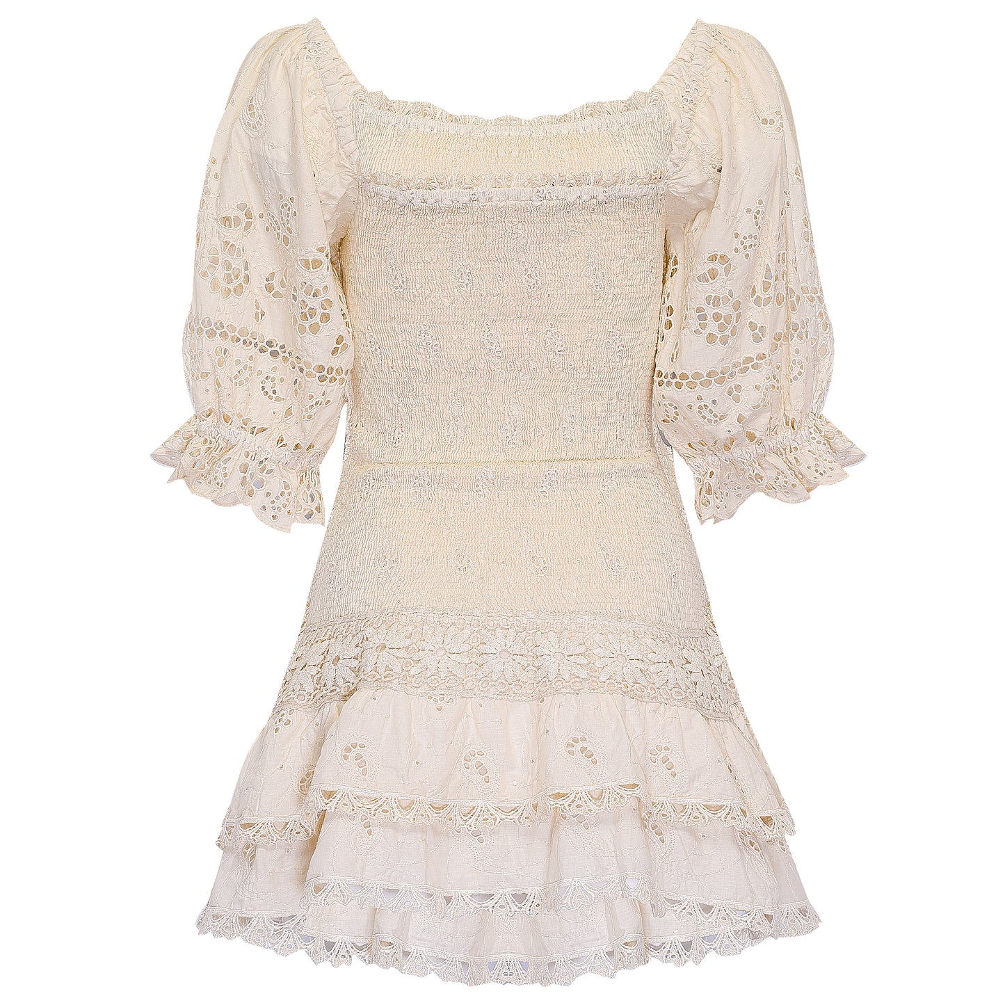 Load image into Gallery viewer, Cream long sleeve mini dress with eyelet details
