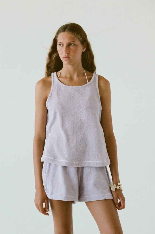 Load image into Gallery viewer, Lavender Sleeveless Top in Terry Towelling 
