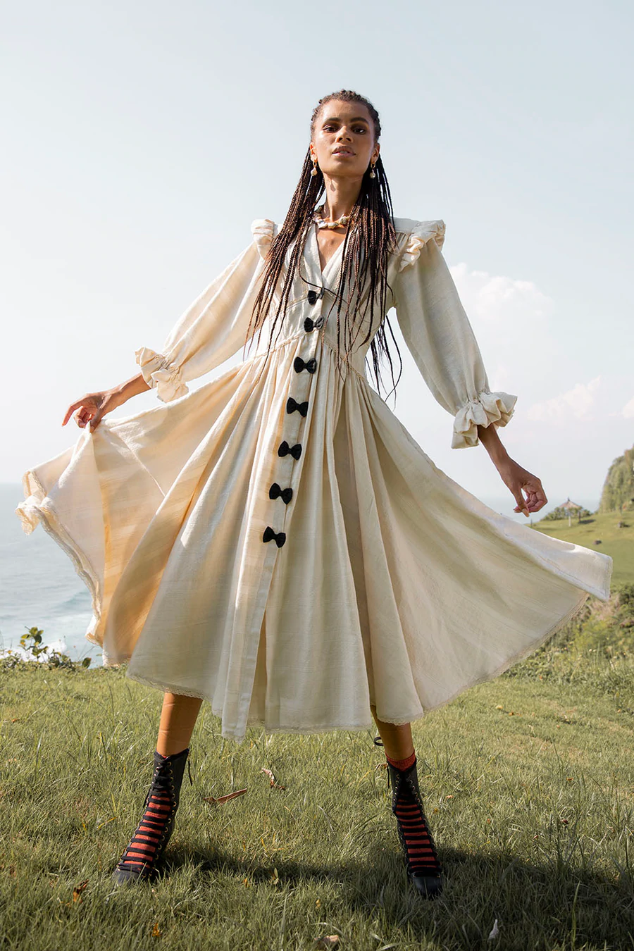 Jacobella Bow Midi Plain Dress Natural