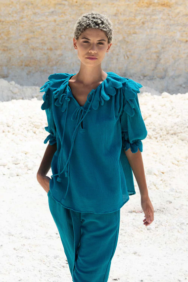 Nico Scallop Top Plain Waffle Blue Paon - Top