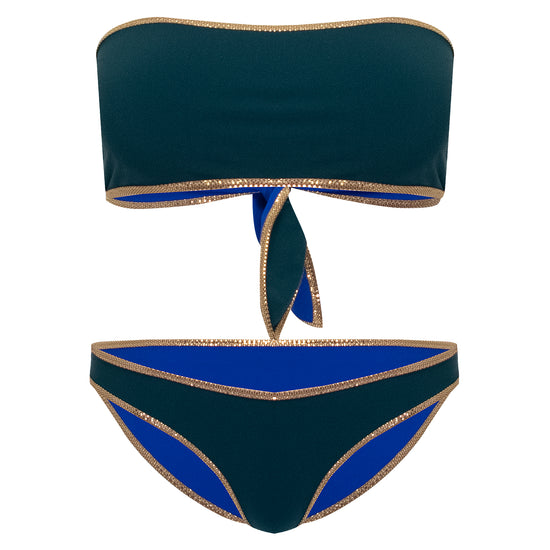 Load image into Gallery viewer, Hampton Bandeau Reversible Bikini Set Dark Green/Blue
