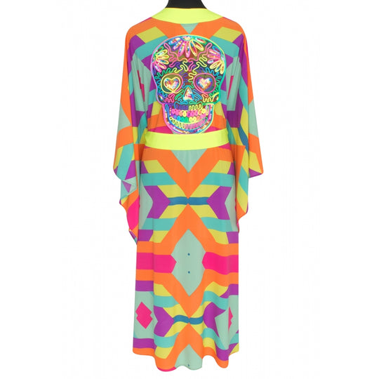 Tribal Colorful Mayan Long Kimono Skull In Neon Yellow - Kimono