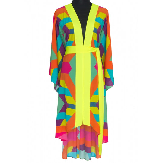 Tribal Colorful Mayan Long Kimono Skull In Neon Yellow - Kimono