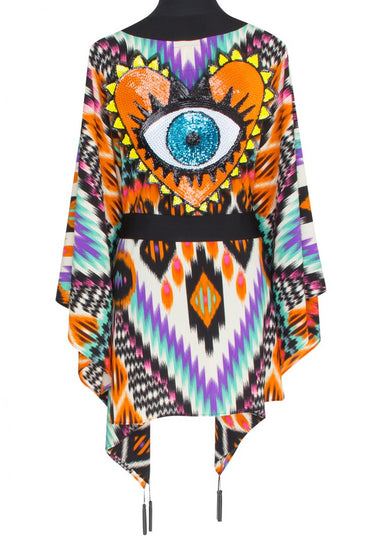Tribal Orange Apache Kimono Evil Eye Black Short - Kimono