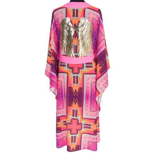 Pink Long Kimono Gold Wings