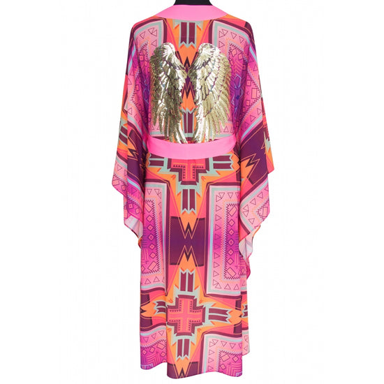 Load image into Gallery viewer, Pink Long Kimono Gold Wings
