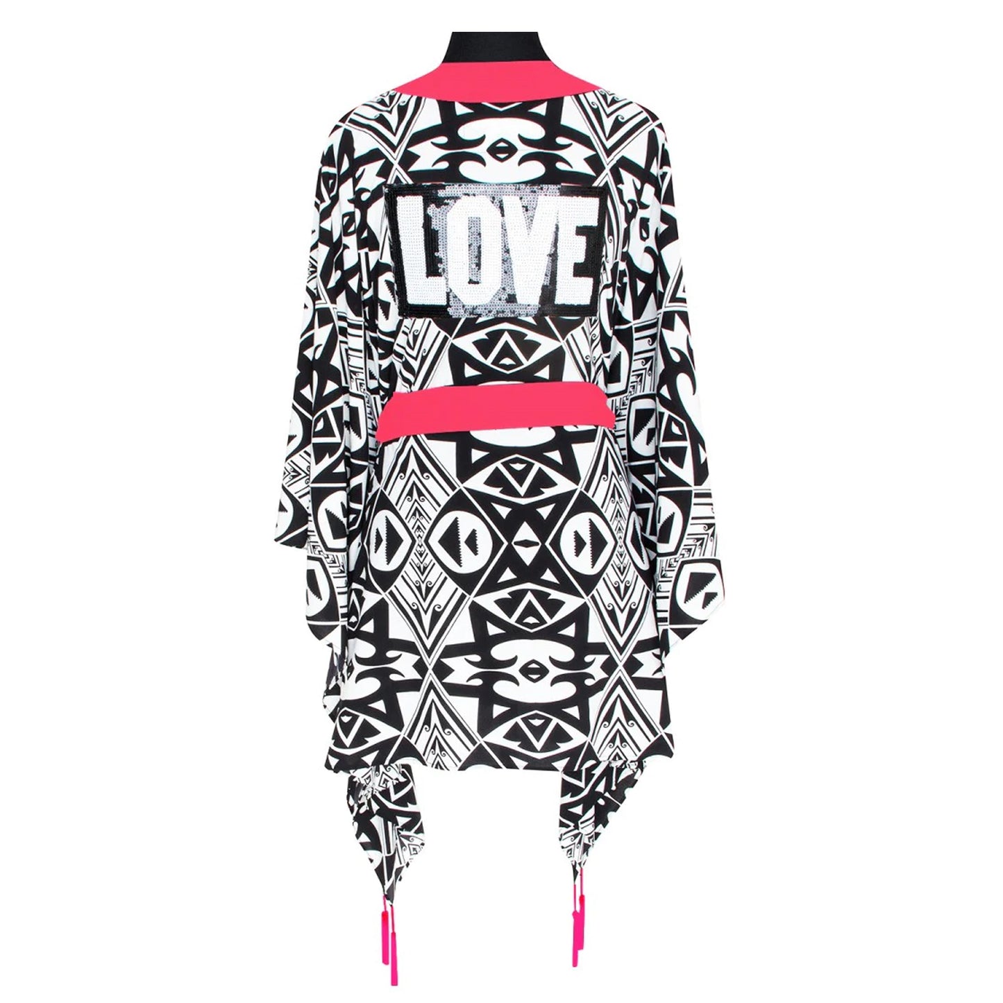 Load image into Gallery viewer, Tulum Tribal Kimono Love Neon Coral Short - Kimono

